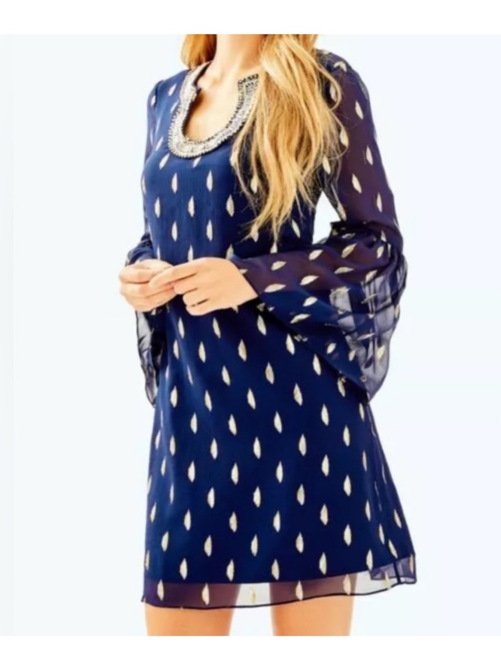 Lilly Pulitzer Amory Silk Navy Dress with Gold Neckline